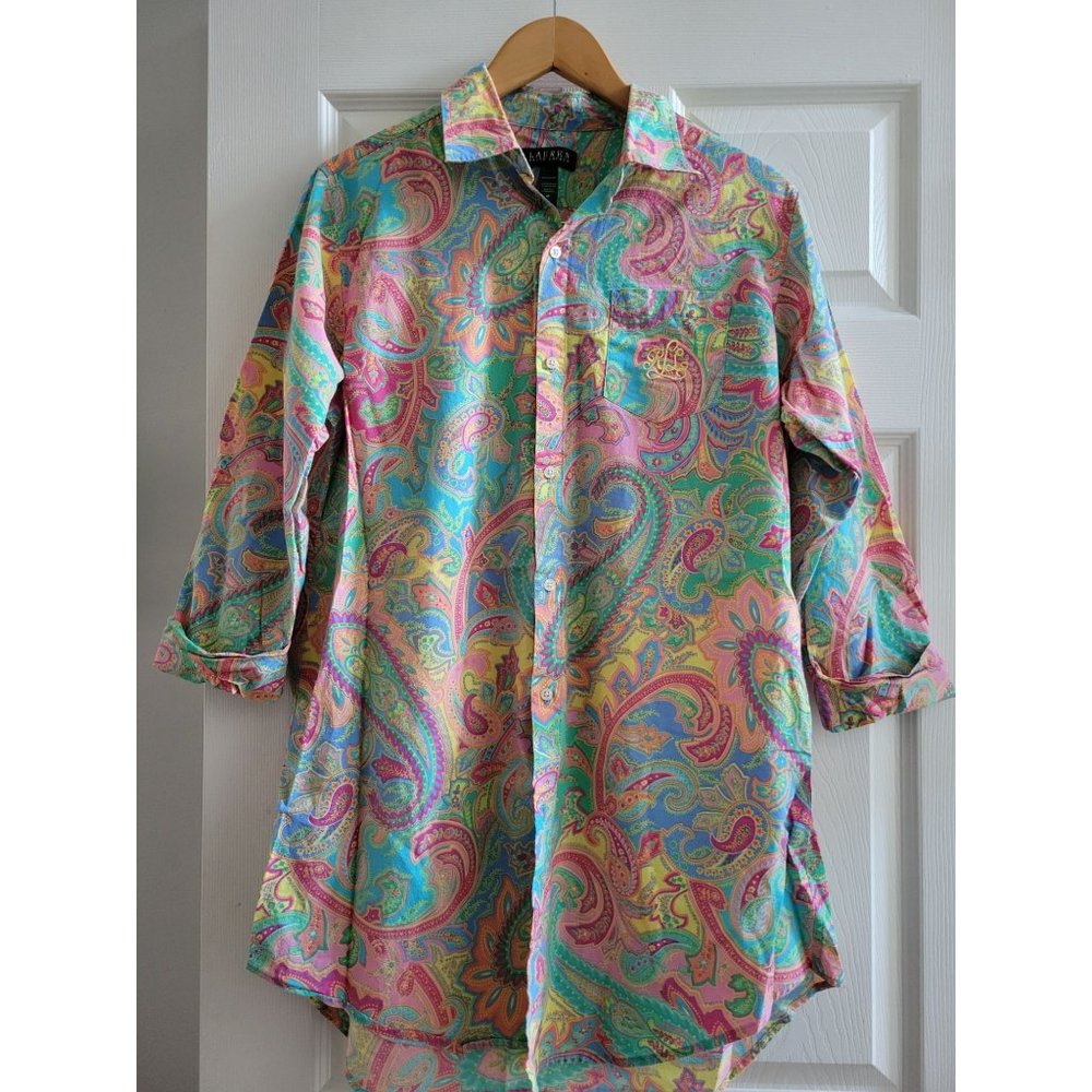 Lauren Ralph Lauren LRL Womens Paisley green blue Sleep Nightshirt size Medium